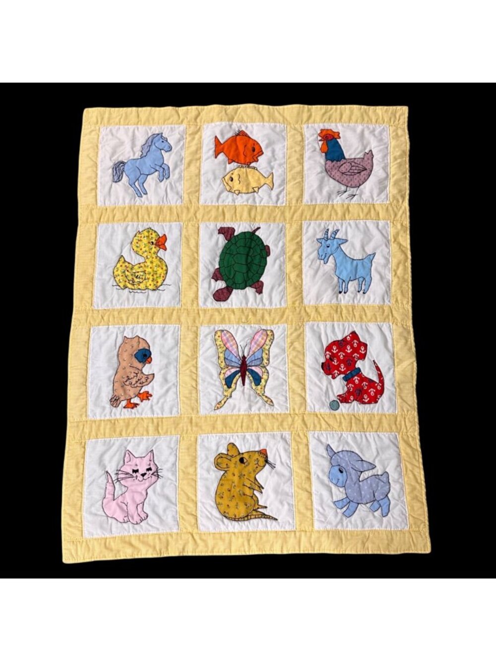 Vintage Baby Quilt Animal Appliques Yellow White Gingham 1992 Handmade Blanket - Picture 2 of 8